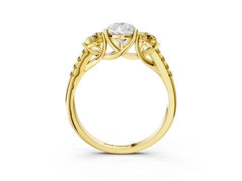 Yellow gold Three-Stone Pear Cut Diamond Ring with Round with Yellow Sapphire side stone Pavé Band and Prong Setting_3