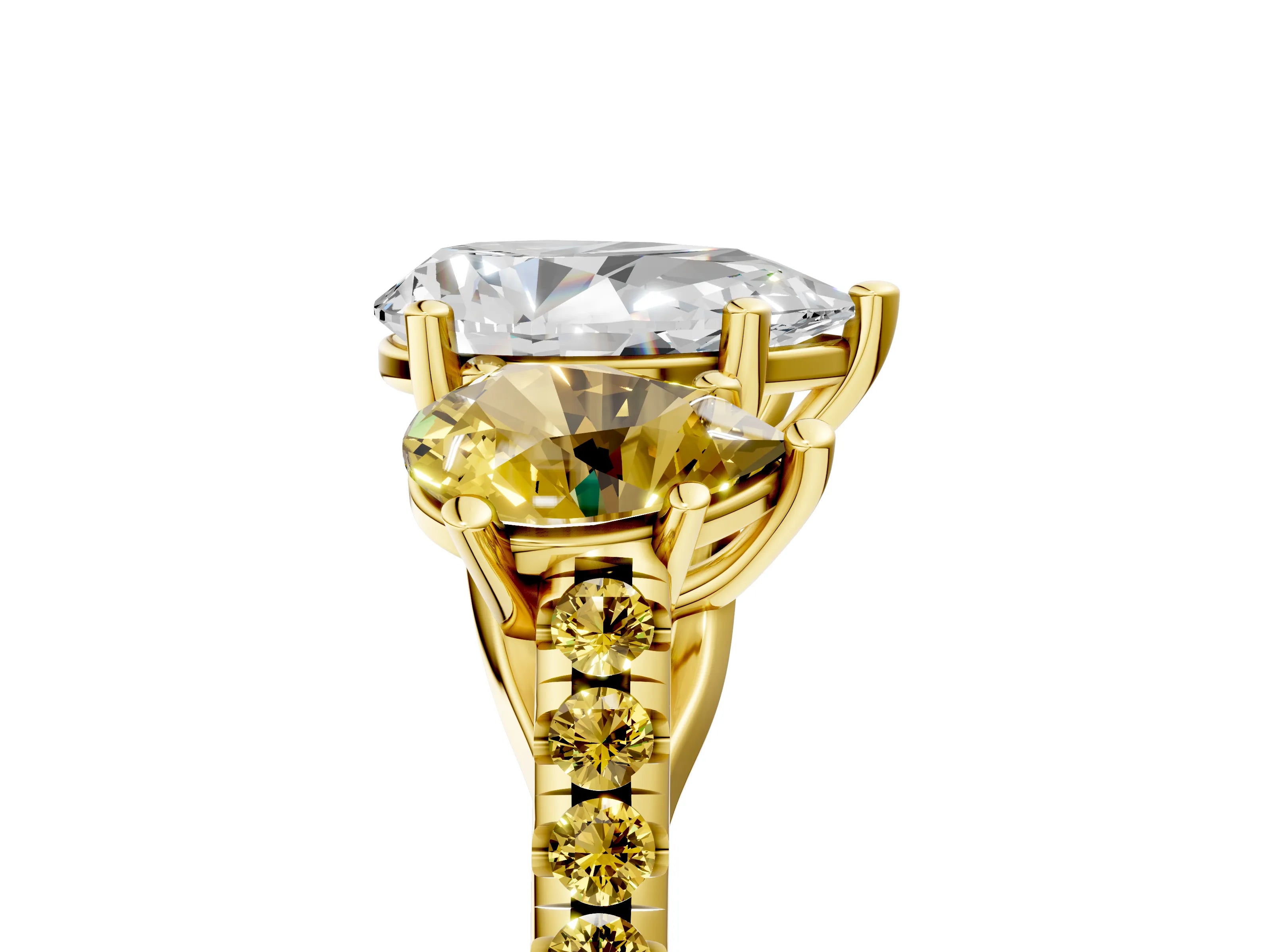 Yellow gold Three-Stone Pear Cut Diamond Ring with Round with Yellow Sapphire side stone Pavé Band and Prong Setting_5