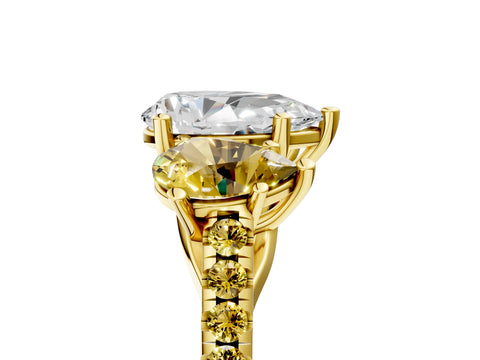 Yellow gold Three-Stone Pear Cut Diamond Ring with Round with Yellow Sapphire side stone Pavé Band and Prong Setting_5