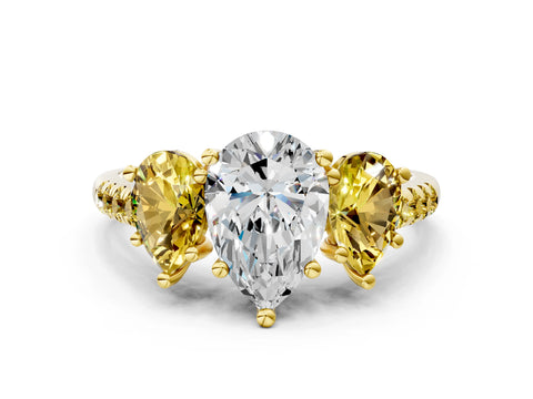 Yellow gold Three-Stone Pear Cut Diamond Ring with Round with Yellow Sapphire side stone Pavé Band and Prong Setting