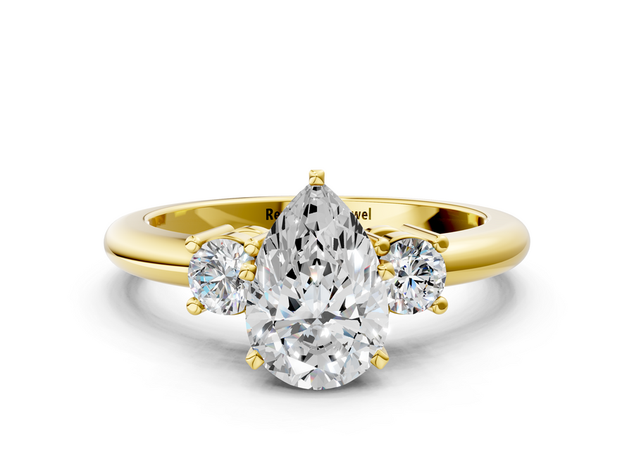 Yellow gold Three-Stone Pear Cut Diamond Solitaire with Prong Setting and Classic Band