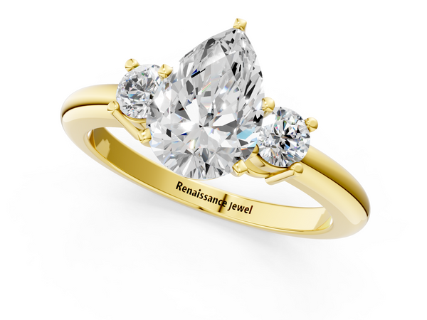 Yellow gold Three-Stone Pear Cut Diamond Solitaire with Prong Setting and Classic Band