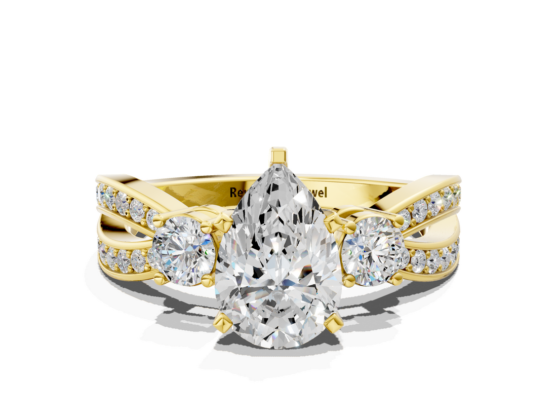 Yellow gold Three-Stone Pear Cut Diamond Twist Band with Prong Setting_64