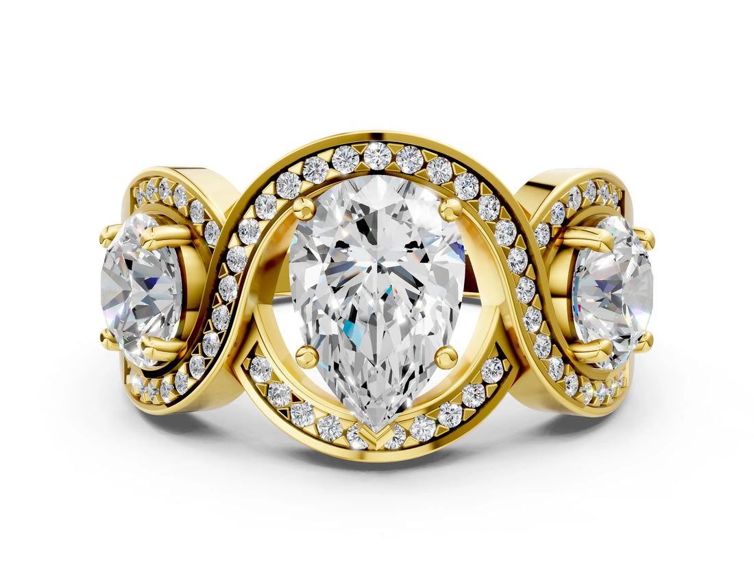 Yellow gold Three-Stone Pear Cut Diamond Wave Pave Band with Prong Setting_21