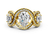 Yellow gold Three-Stone Pear Cut Diamond Wave Pave Band with Prong Setting_21