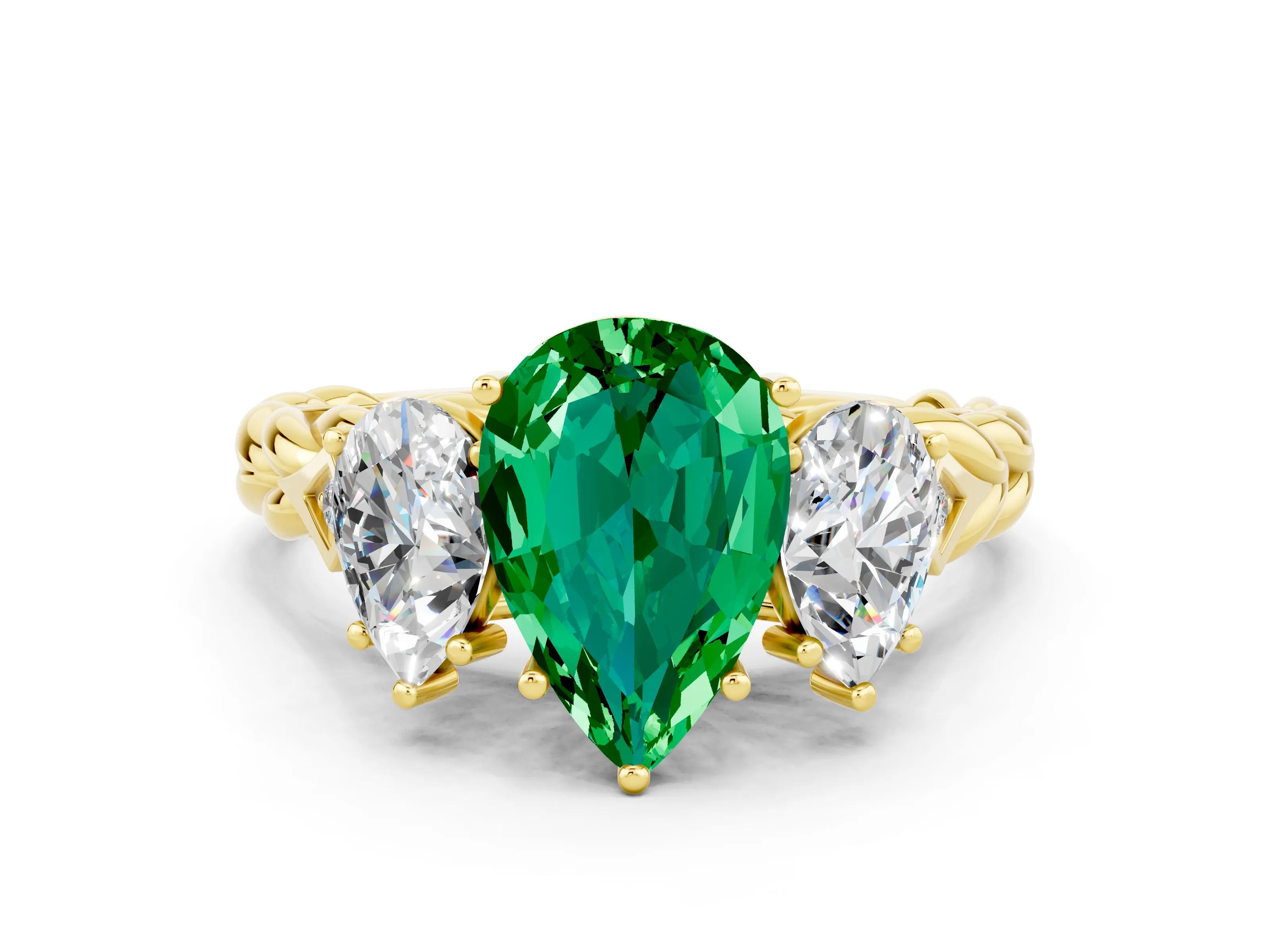 Yellow gold Three-Stone Pear Cut Emerald Braided Band Ring with Four-Prong Setting_12