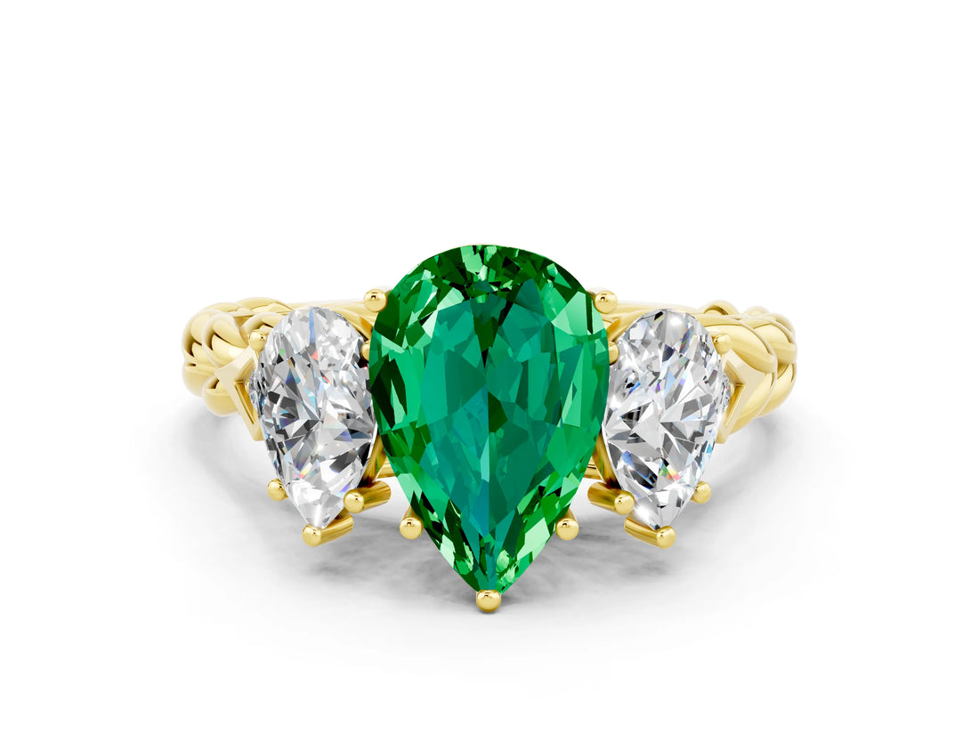 Yellow gold Three-Stone Pear Cut Emerald Braided Band Ring with Four-Prong Setting_12