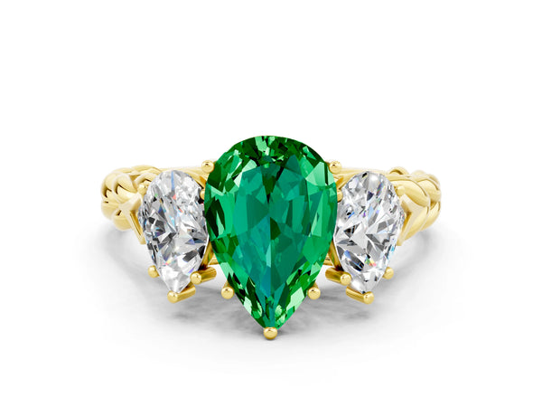 Yellow gold Three-Stone Pear Cut Emerald Braided Band Ring with Four-Prong Setting