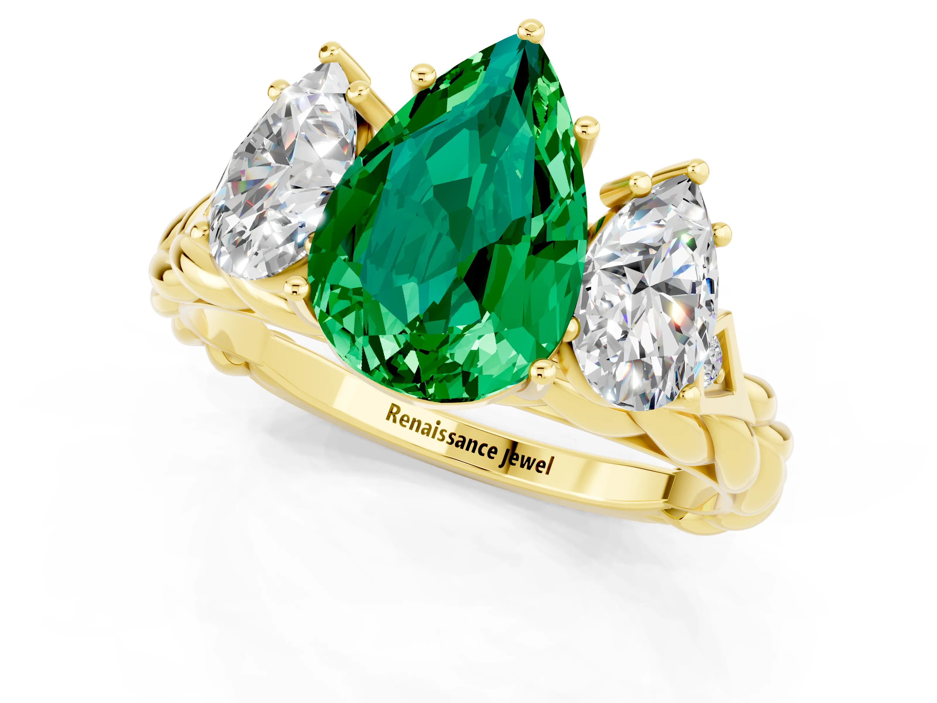 Yellow gold Three-Stone Pear Cut Emerald Braided Band Ring with Four-Prong Setting_13