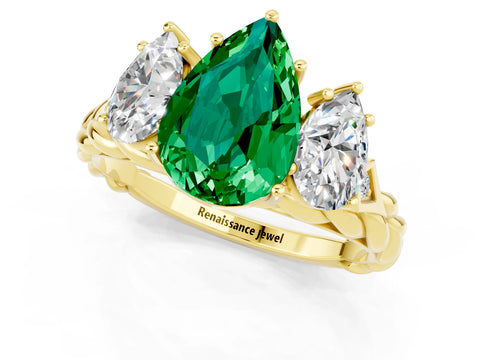 Yellow gold Three-Stone Pear Cut Emerald Braided Band Ring with Four-Prong Setting_13