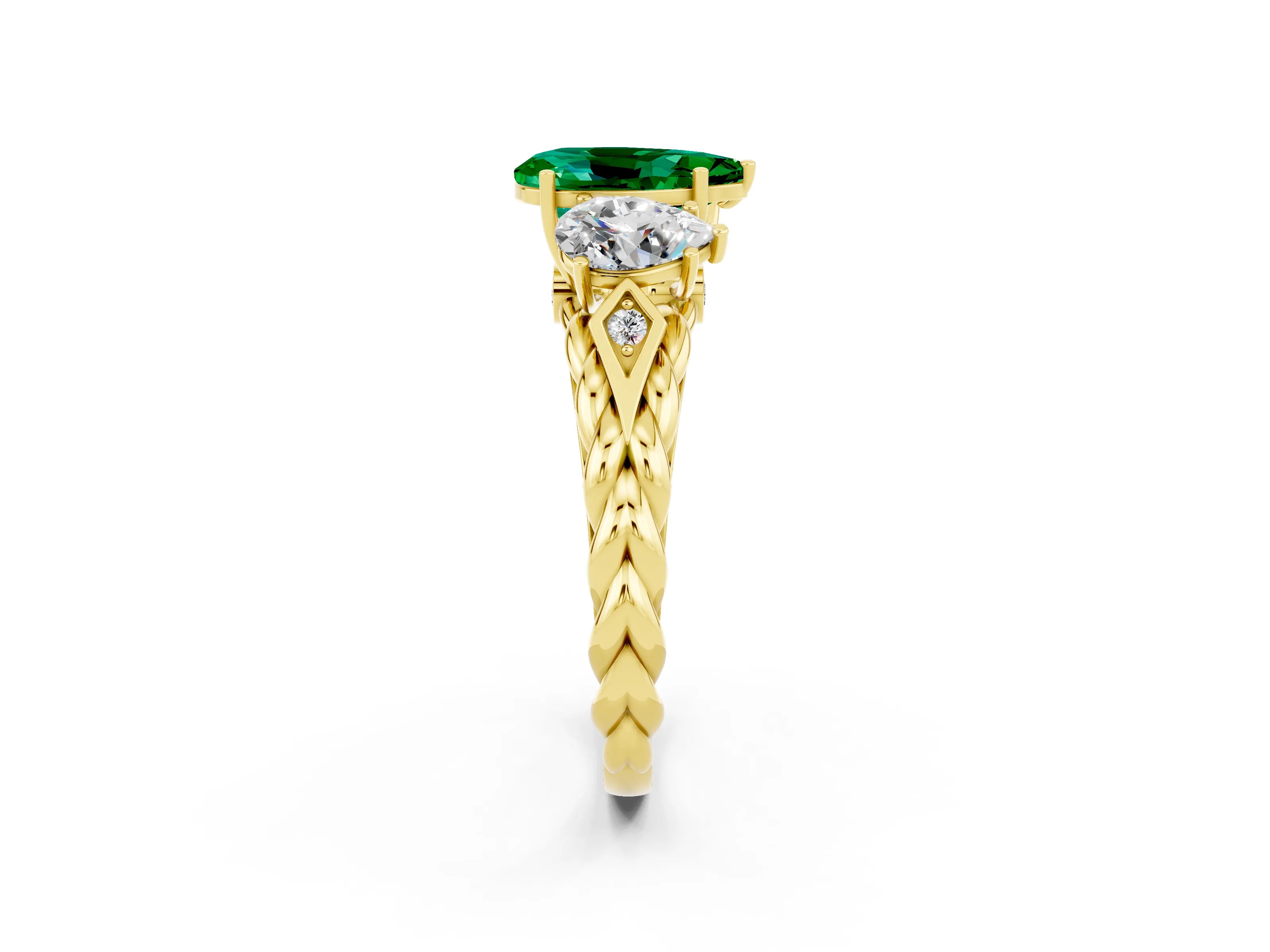 Yellow gold Three-Stone Pear Cut Emerald Braided Band Ring with Four-Prong Setting_14