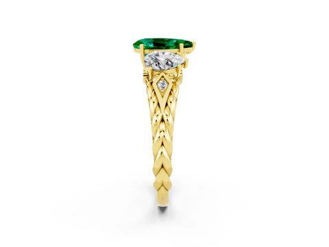Yellow gold Three-Stone Pear Cut Emerald Braided Band Ring with Four-Prong Setting_14