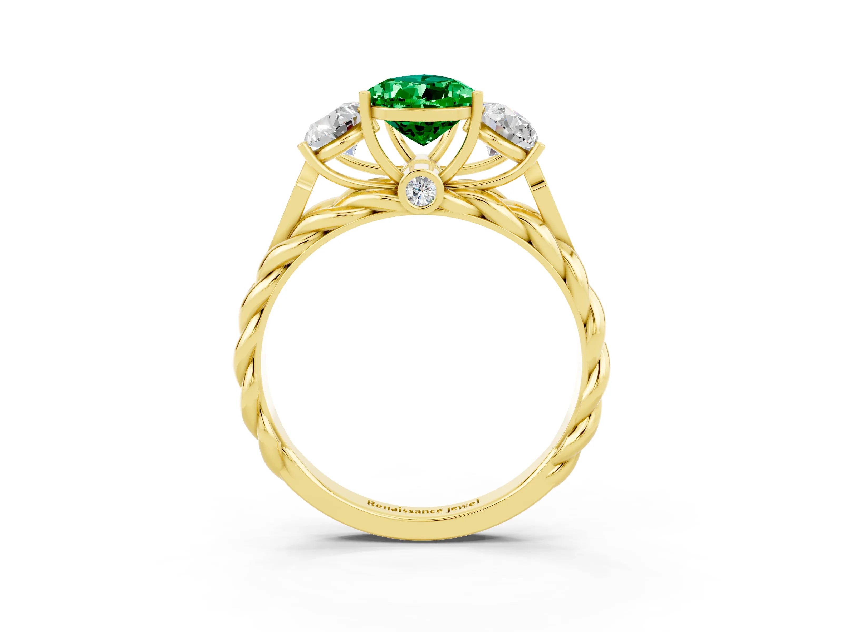 Yellow gold Three-Stone Pear Cut Emerald Braided Band Ring with Four-Prong Setting_15