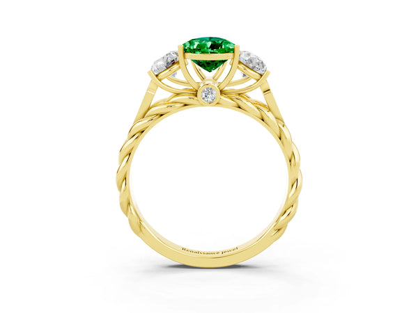 Yellow gold Three-Stone Pear Cut Emerald Braided Band Ring with Four-Prong Setting