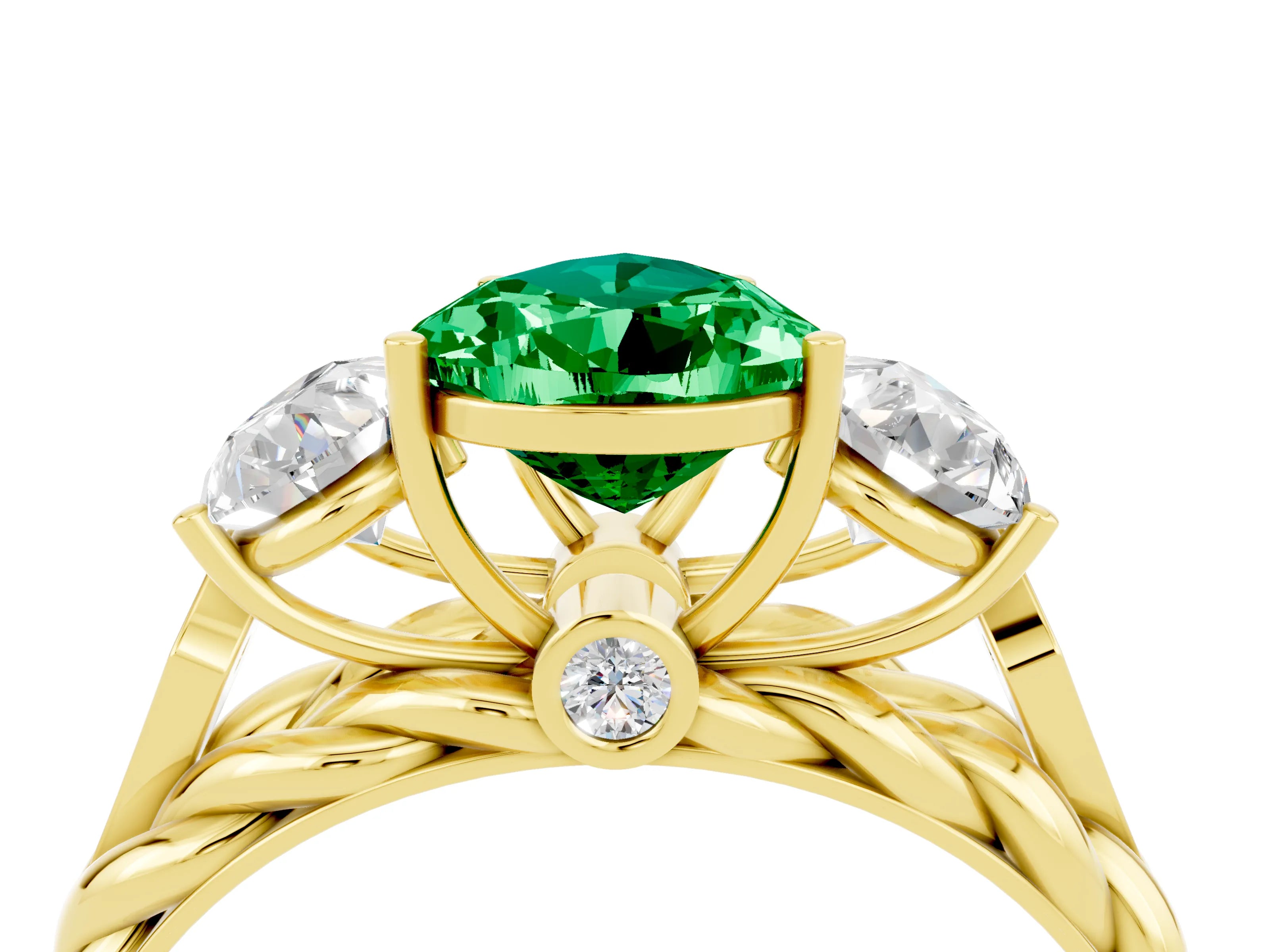 Yellow gold Three-Stone Pear Cut Emerald Braided Band Ring with Four-Prong Setting_16