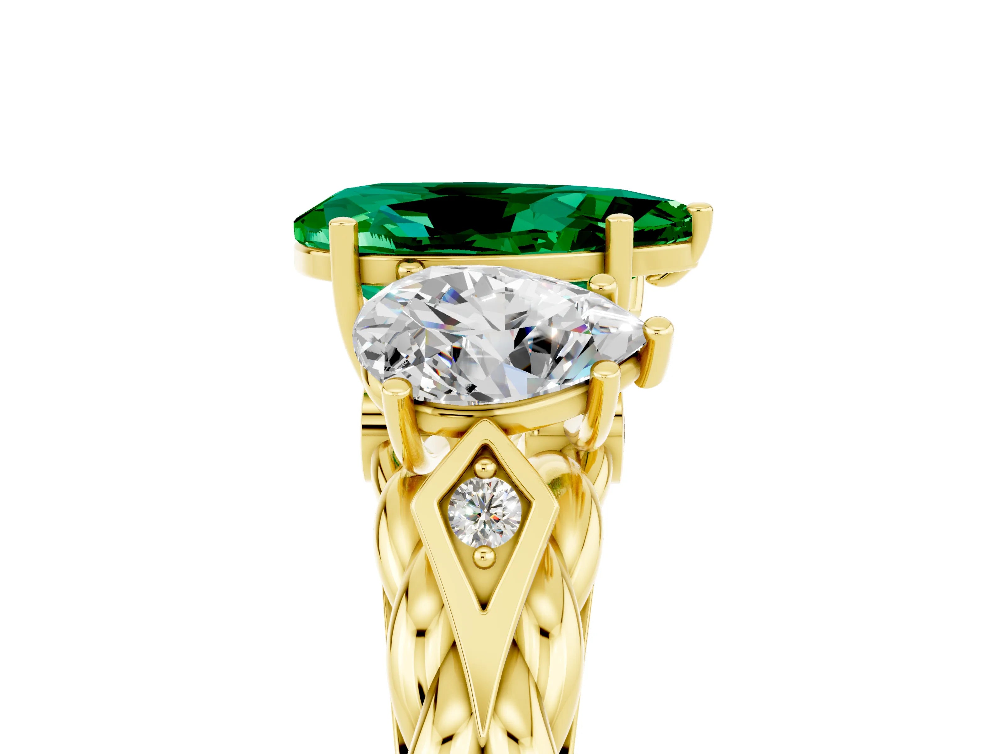 Yellow gold Three-Stone Pear Cut Emerald Braided Band Ring with Four-Prong Setting_17