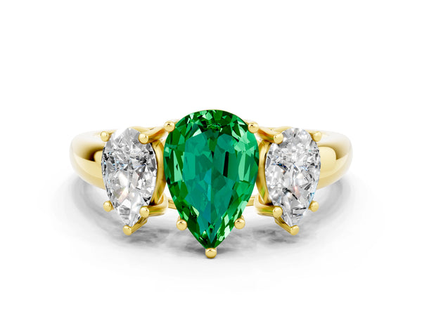 Yellow gold Three-Stone Pear Cut Emerald Engagement Ring with Prong Setting