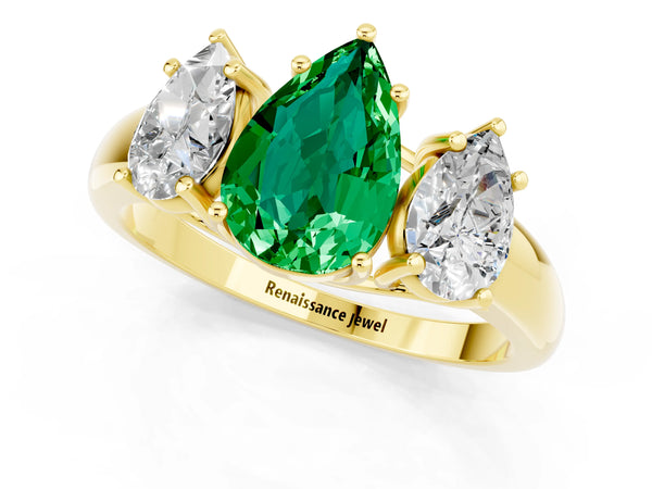 Yellow gold Three-Stone Pear Cut Emerald Engagement Ring with Prong Setting