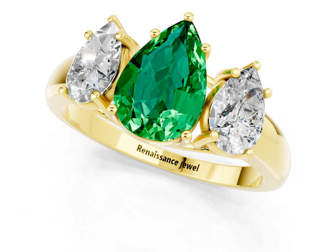 Yellow gold Three-Stone Pear Cut Emerald Engagement Ring with Prong Setting_1