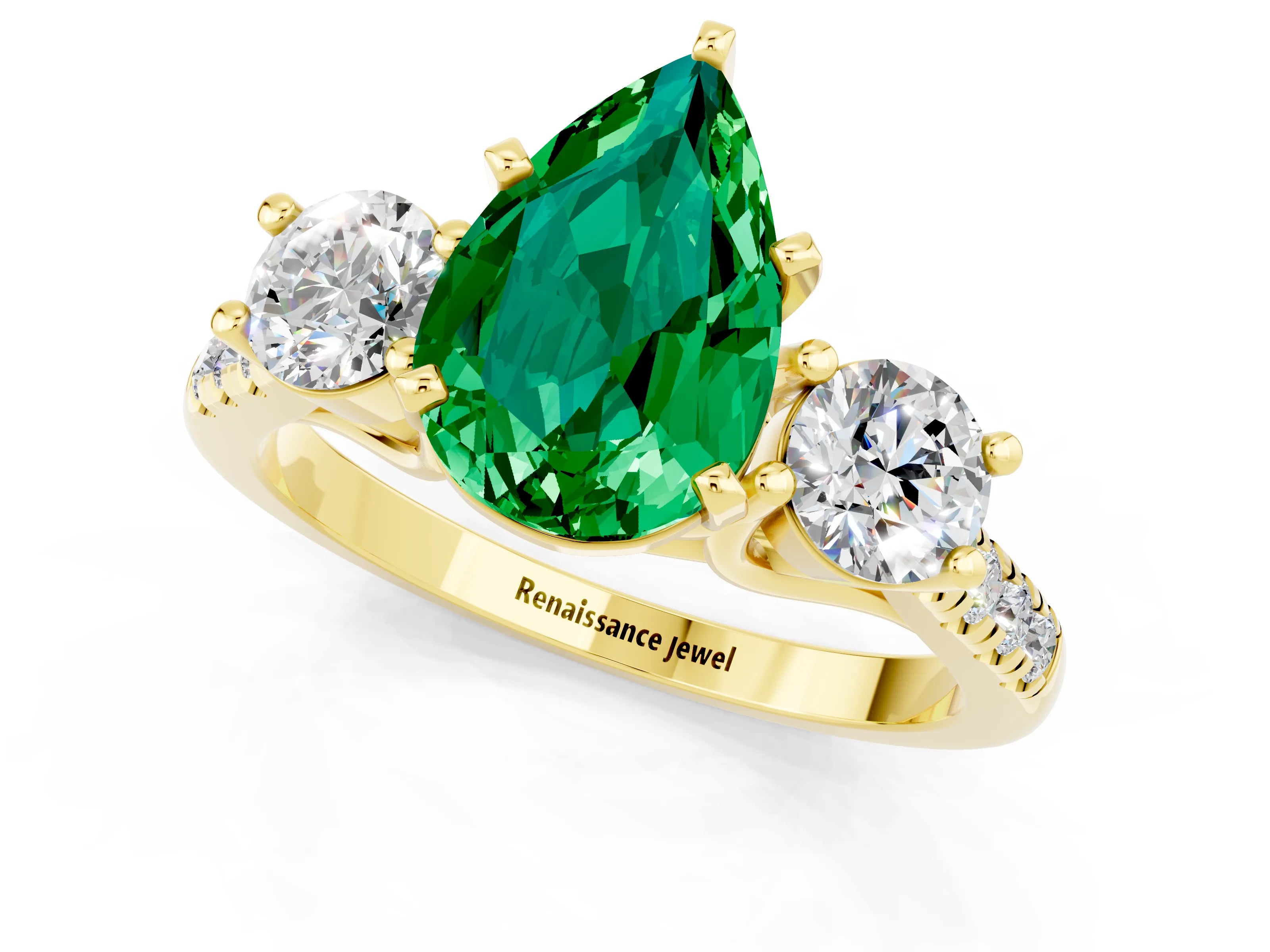 Yellow gold Three-Stone Pear Cut Emerald Pavé Band with Four-Prong Setting_1