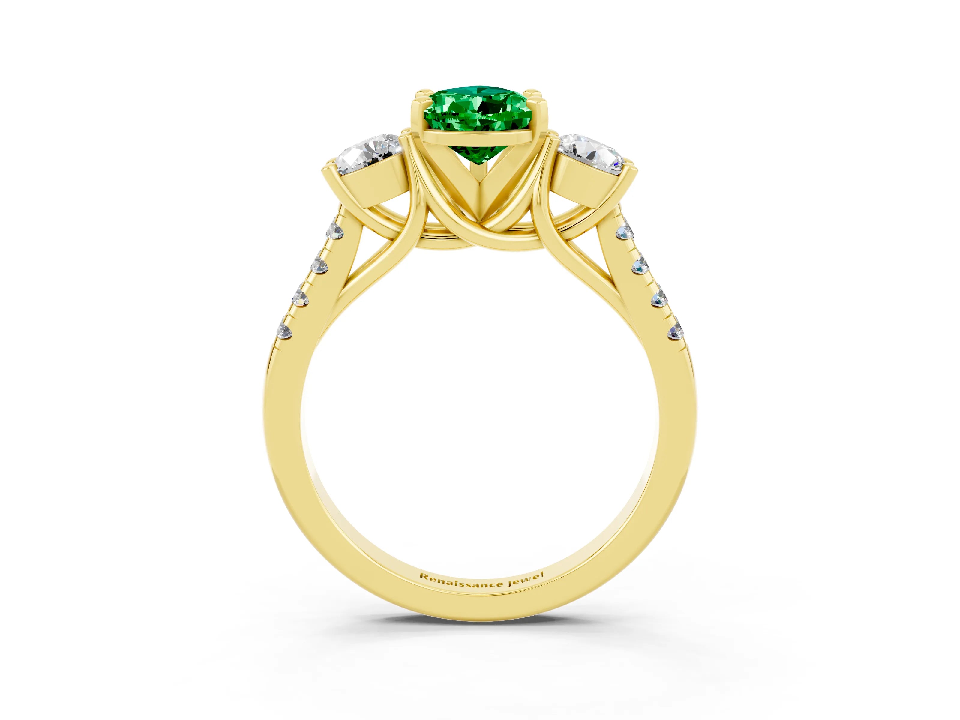 Yellow gold Three-Stone Pear Cut Emerald Pavé Band with Four-Prong Setting_3
