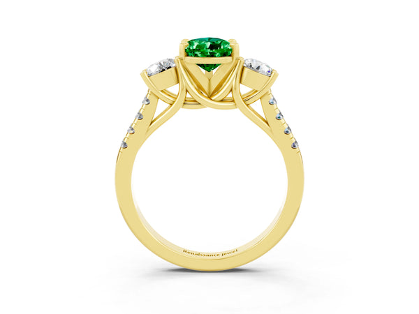Yellow gold Three-Stone Pear Cut Emerald Pavé Band with Four-Prong Setting