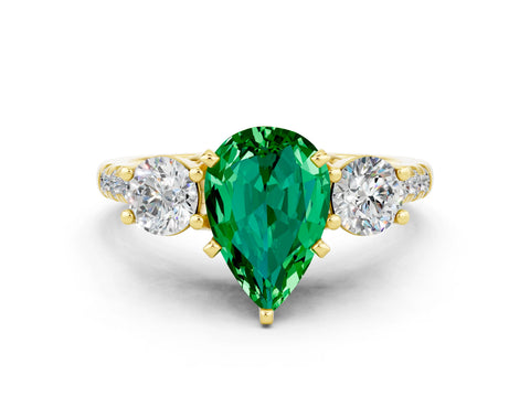 Yellow gold Three-Stone Pear Cut Emerald Pavé Band with Four-Prong Setting