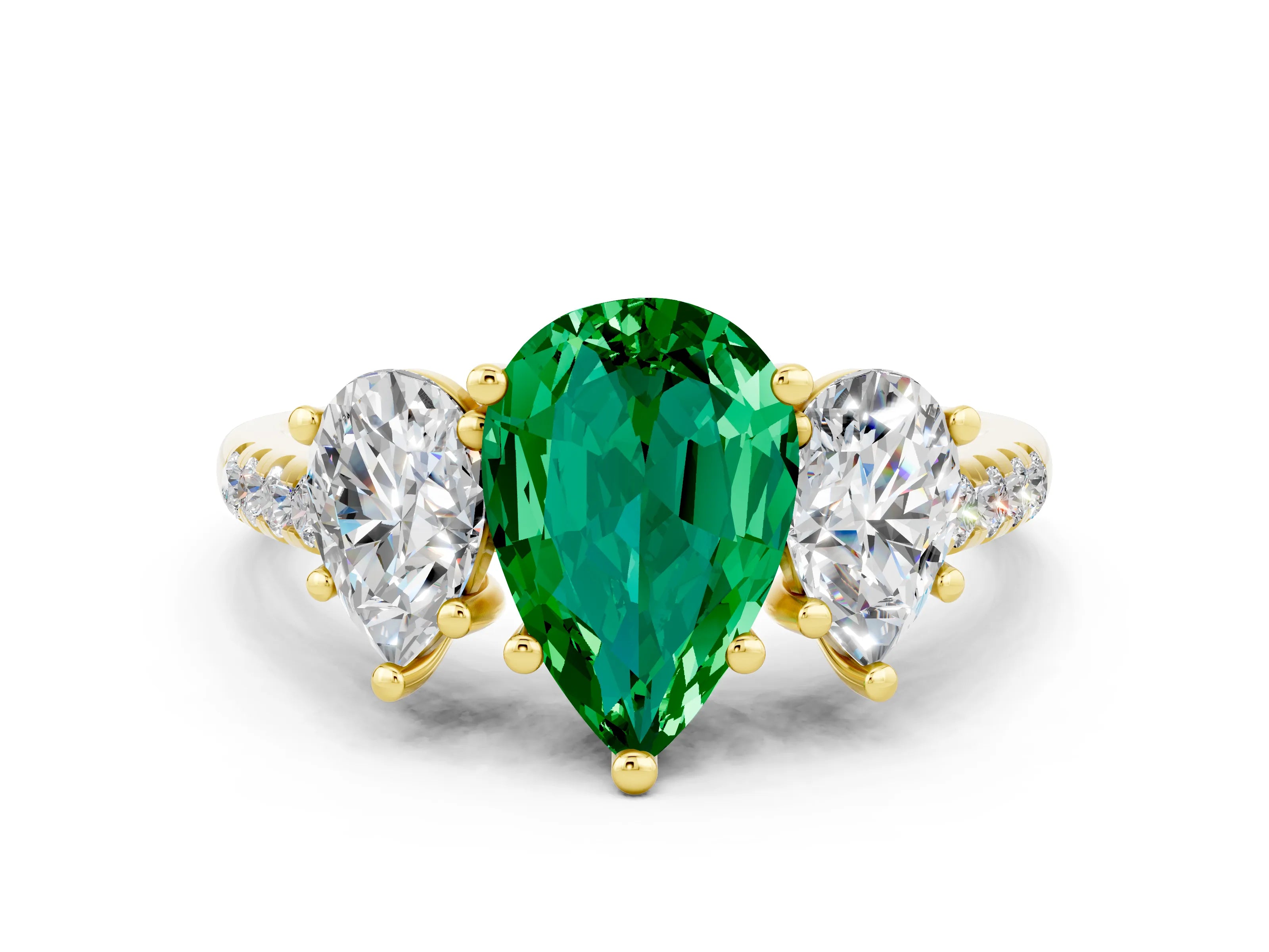 Yellow gold Three-Stone Pear Cut Emerald Ring with Pavé Band and Prong Setting_12