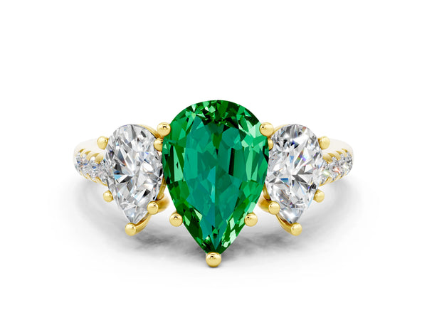 Yellow gold Three-Stone Pear Cut Emerald Ring with Round  Pavé Band and Prong Setting