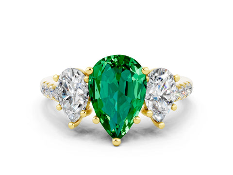 Yellow gold Three-Stone Pear Cut Emerald Ring with Pavé Band and Prong Setting_12