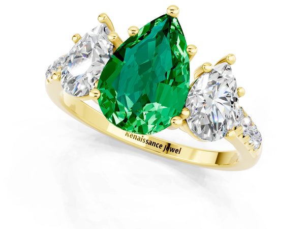 Yellow gold Three-Stone Pear Cut Emerald Ring with Round  Pavé Band and Prong Setting