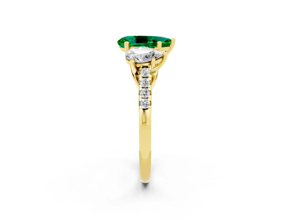 Yellow gold Three-Stone Pear Cut Emerald Ring with Round  Pavé Band and Prong Setting