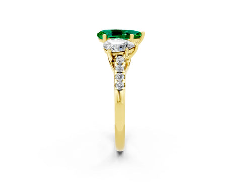 Yellow gold Three-Stone Pear Cut Emerald Ring with Pavé Band and Prong Setting_14