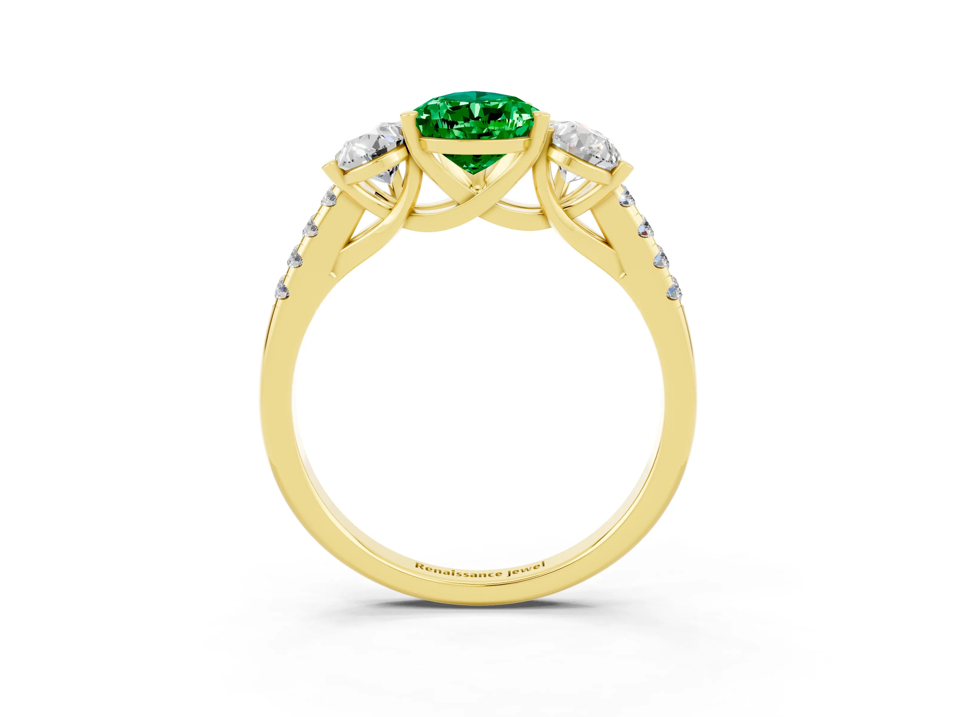 Yellow gold Three-Stone Pear Cut Emerald Ring with Pavé Band and Prong Setting_15