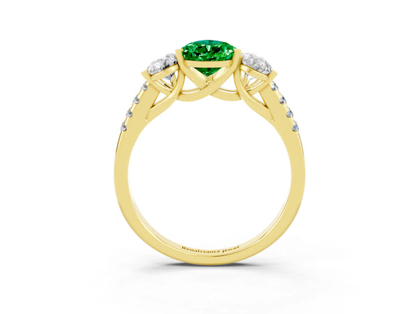 Yellow gold Three-Stone Pear Cut Emerald Ring with Round  Pavé Band and Prong Setting