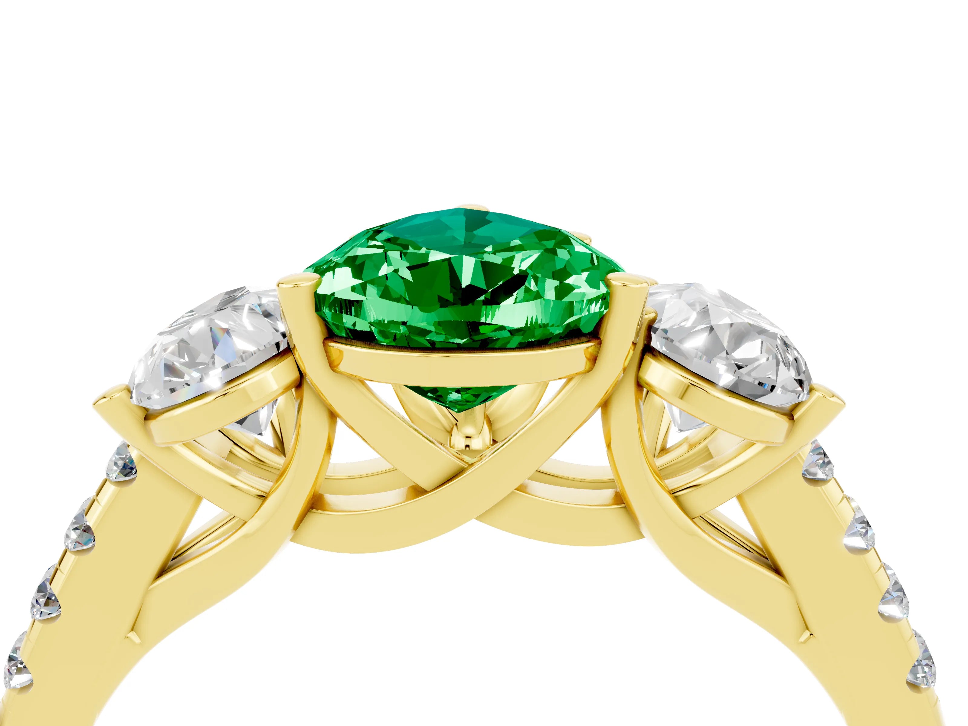 Yellow gold Three-Stone Pear Cut Emerald Ring with Pavé Band and Prong Setting_16