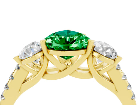 Yellow gold Three-Stone Pear Cut Emerald Ring with Pavé Band and Prong Setting_16