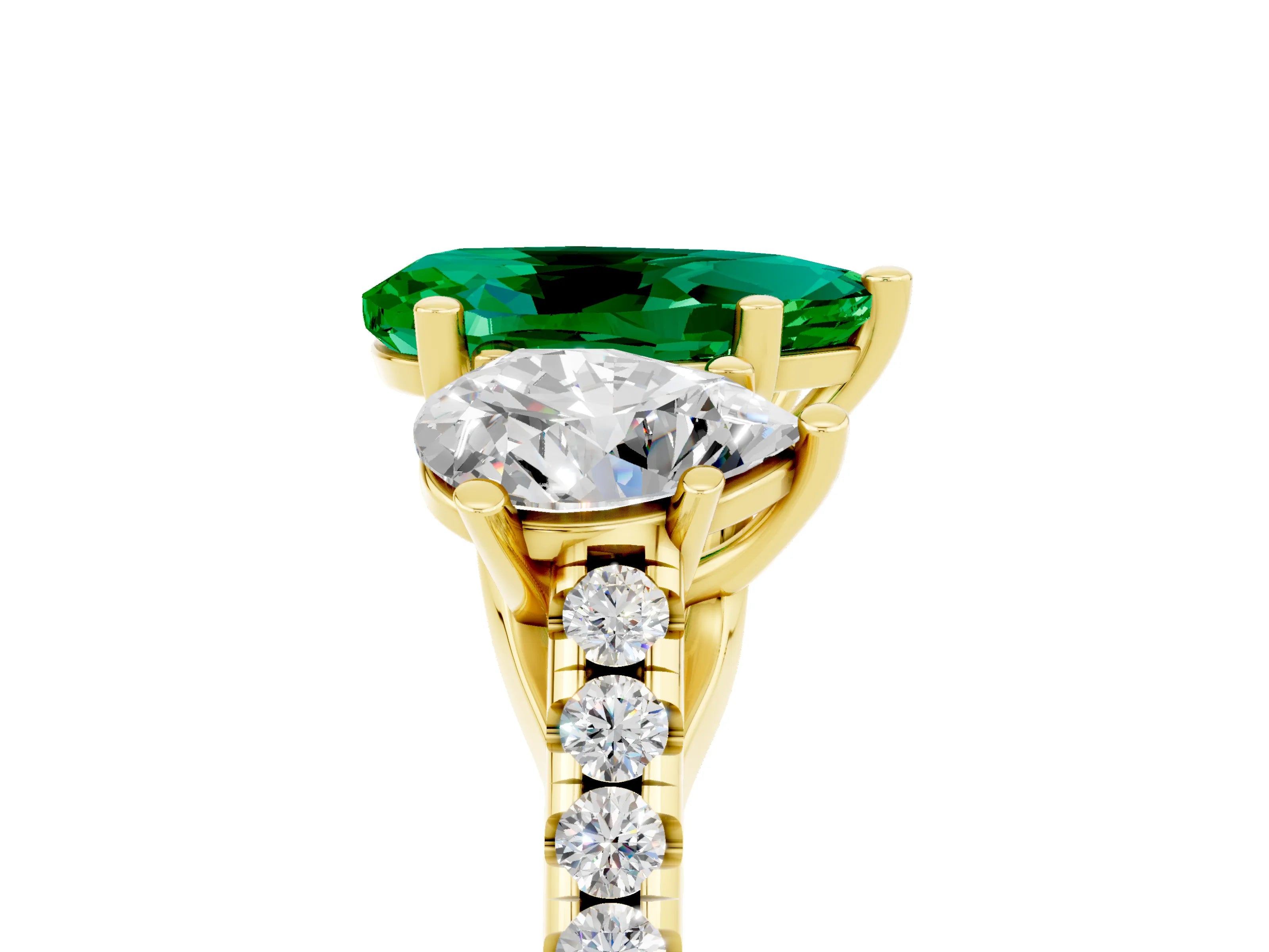 Yellow gold Three-Stone Pear Cut Emerald Ring with Pavé Band and Prong Setting_17