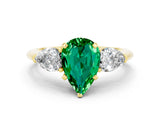 Yellow gold Three-Stone Pear Cut Emerald Ring with Pear Side Stones and Four-Prong Setting