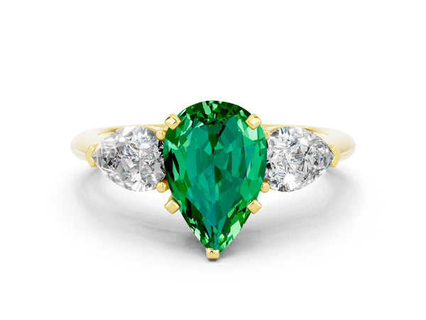 Yellow gold Three-Stone Pear Cut Emerald Ring with Pear Side Stones and Four-Prong Setting