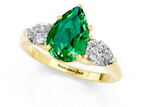 Yellow gold Three-Stone Pear Cut Emerald Ring with Pear Side Stones and Four-Prong Setting_1