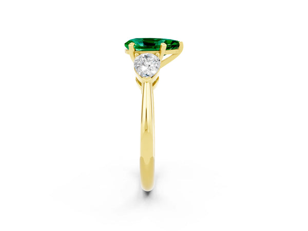 Yellow gold Three-Stone Pear Cut Emerald Ring with Pear Side Stones and Four-Prong Setting