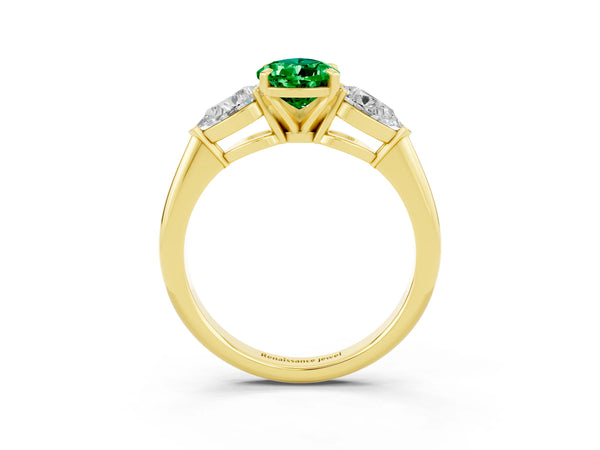 Yellow gold Three-Stone Pear Cut Emerald Ring with Pear Side Stones and Four-Prong Setting