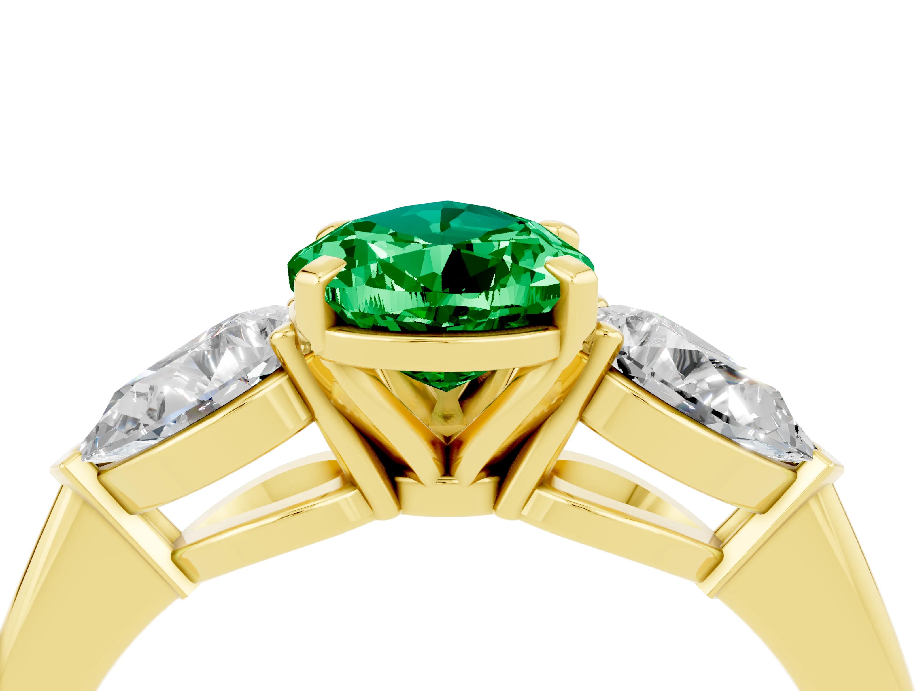 Yellow gold Three-Stone Pear Cut Emerald Ring with Pear Side Stones and Four-Prong Setting_4