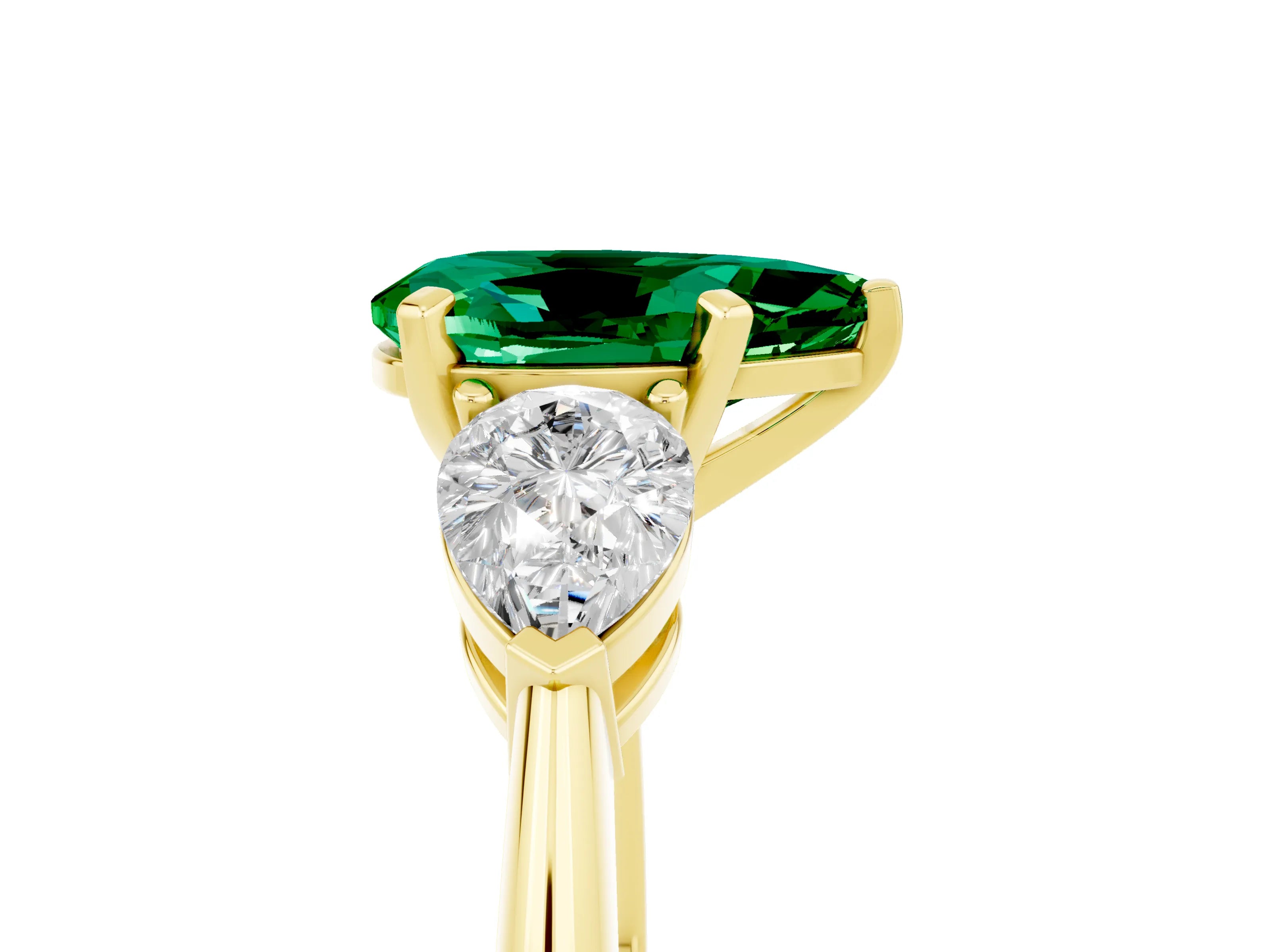Yellow gold Three-Stone Pear Cut Emerald Ring with Pear Side Stones and Four-Prong Setting_5
