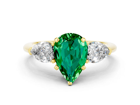 Yellow gold Three-Stone Pear Cut Emerald Ring with Pear Side Stones and Four-Prong Setting