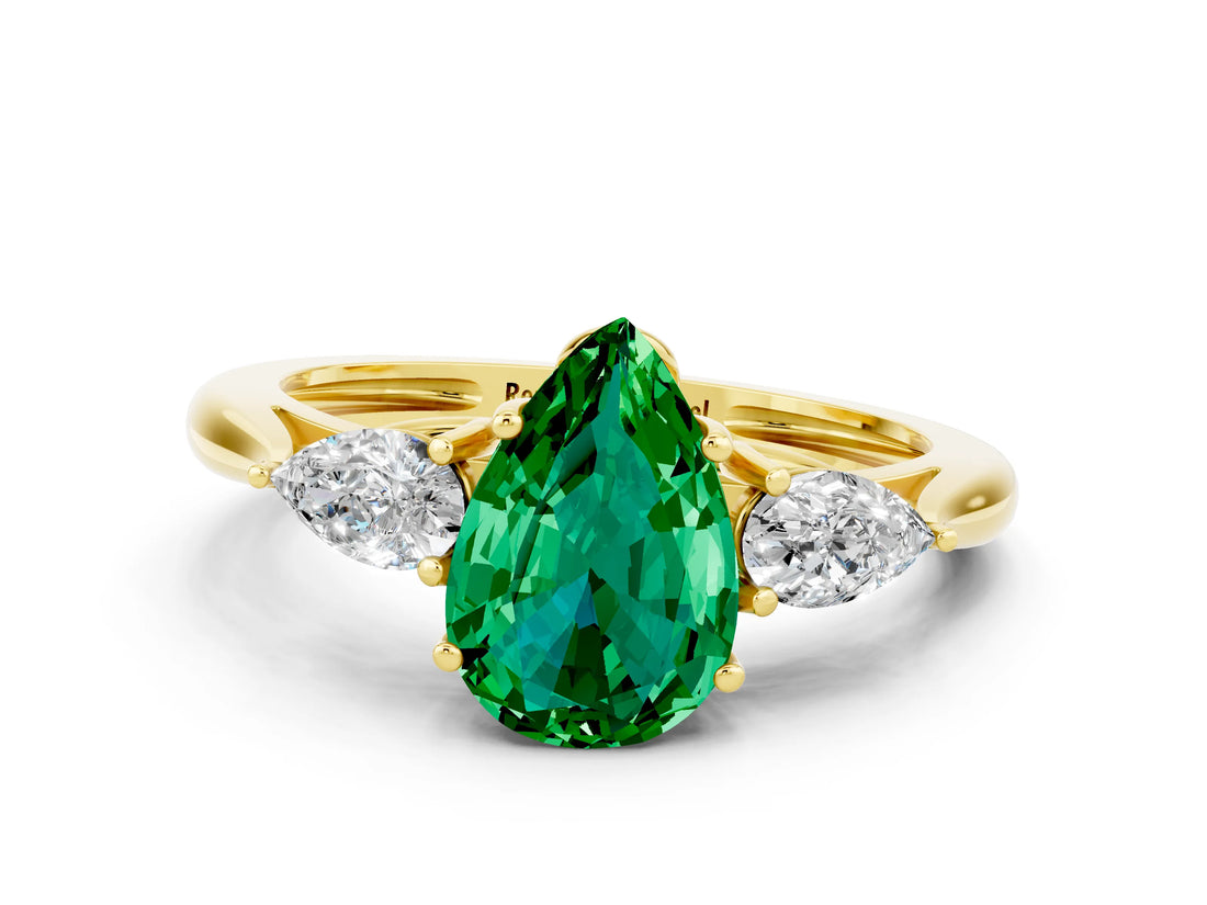 Yellow gold Three-Stone Pear Cut Emerald Ring with Pear  Side Stones in Four-Prong Setting_12