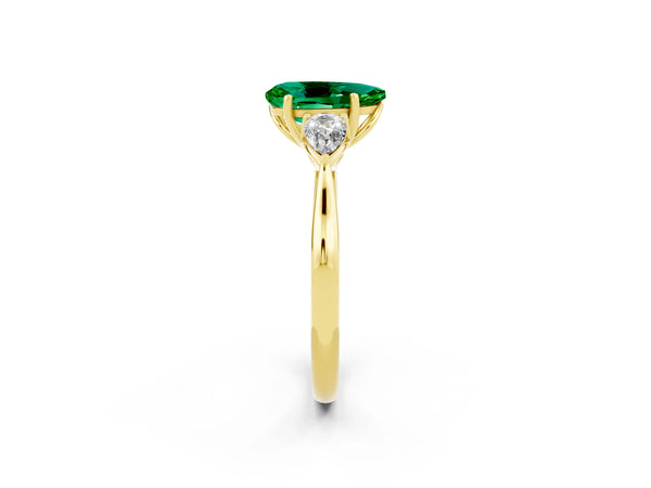 Yellow gold Three-Stone Pear Cut Emerald Ring with Pear  Side Stones in Four-Prong Setting