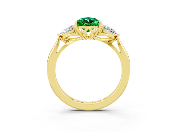 Yellow gold Three-Stone Pear Cut Emerald Ring with Pear  Side Stones in Four-Prong Setting