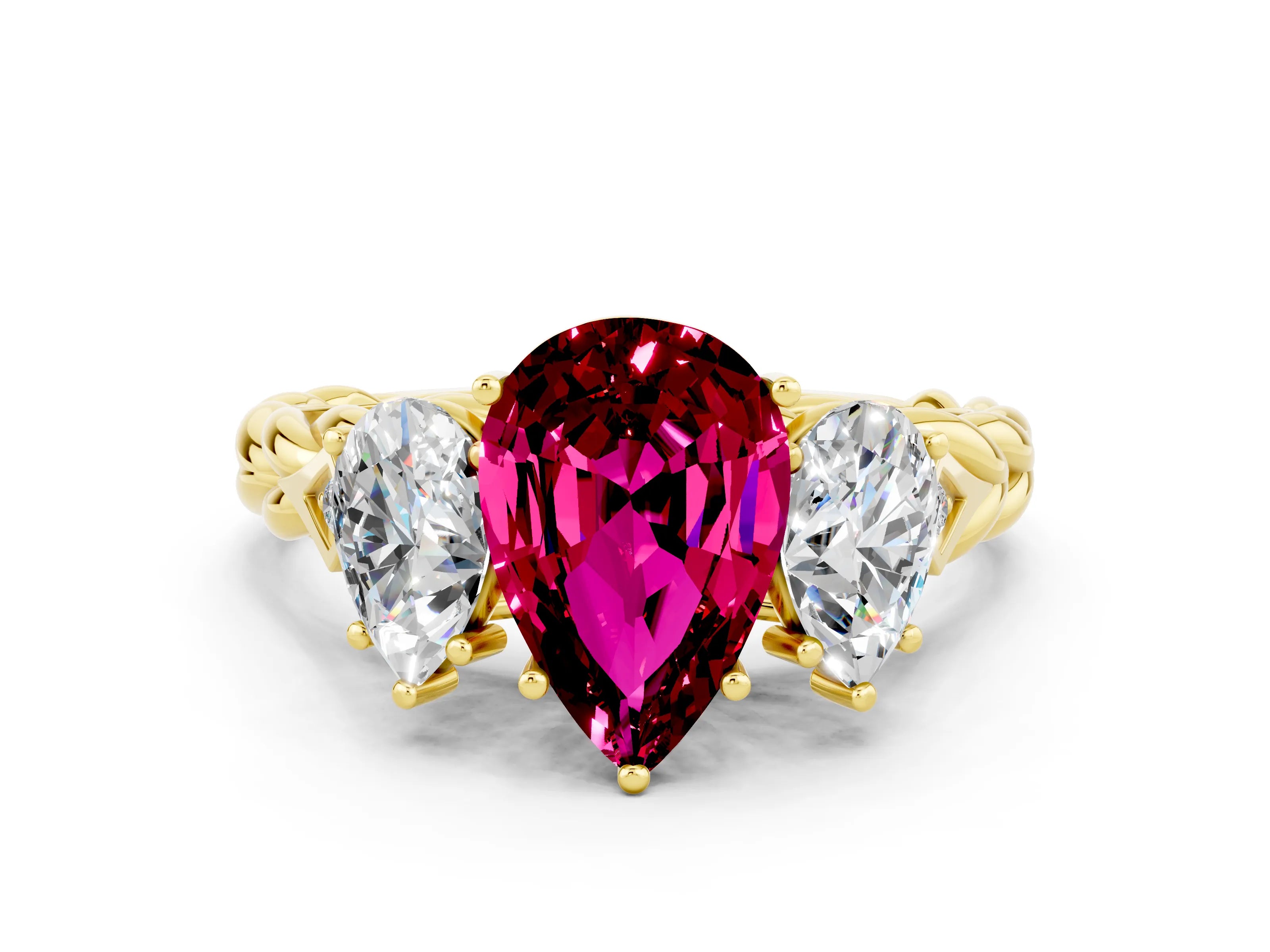 Yellow gold Three-Stone Pear Cut Garnet Braided Band Ring with Four-Prong Setting_12